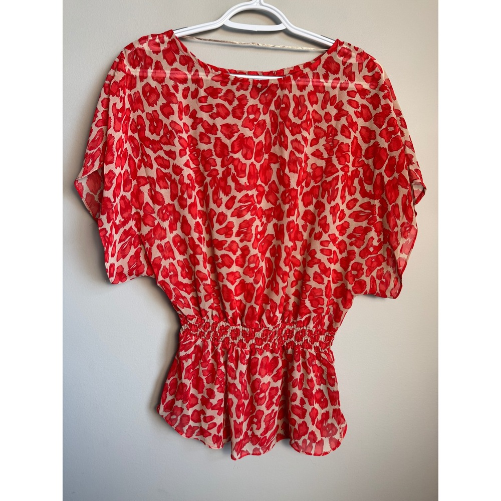 Jessica Red Animal Print Smocked Waist Blouse Short Sleeve Womens 4 Vintage Chic